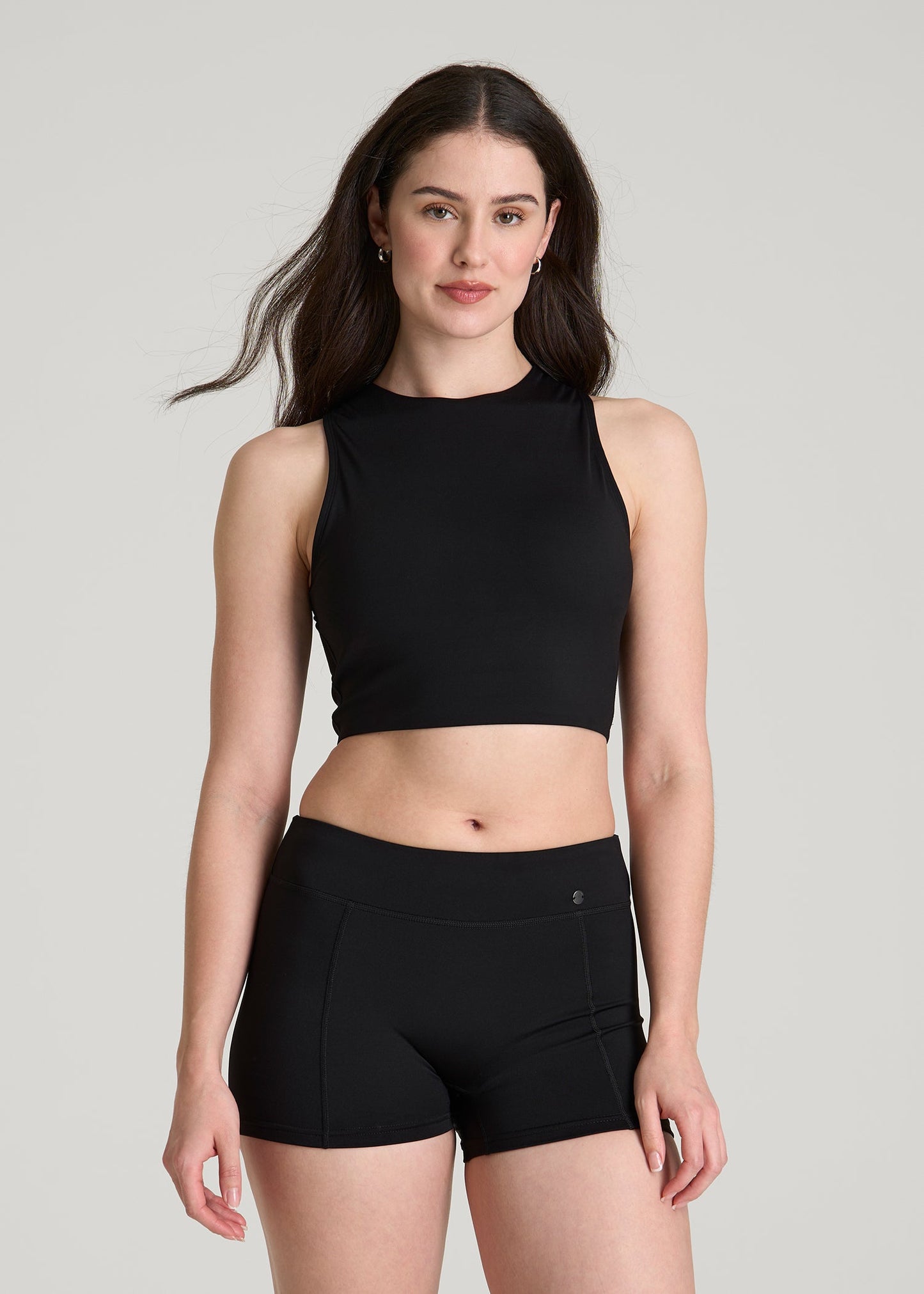 American Tall Women Cropped Swim Tank for Tall Women in Deep Black