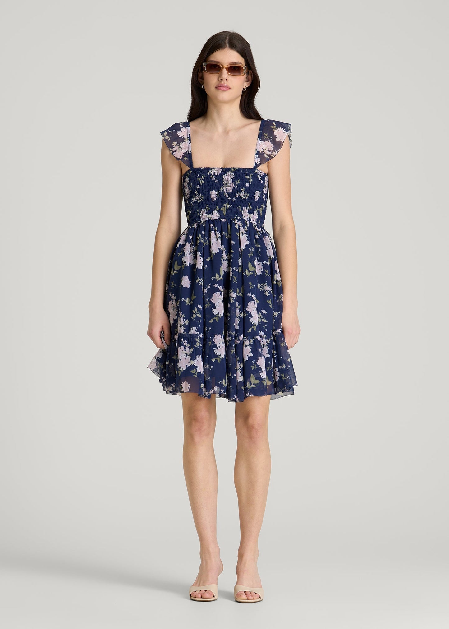 American Tall Women Chiffon Mini Gumdrop Dress for Tall Women in Dark Navy Floral