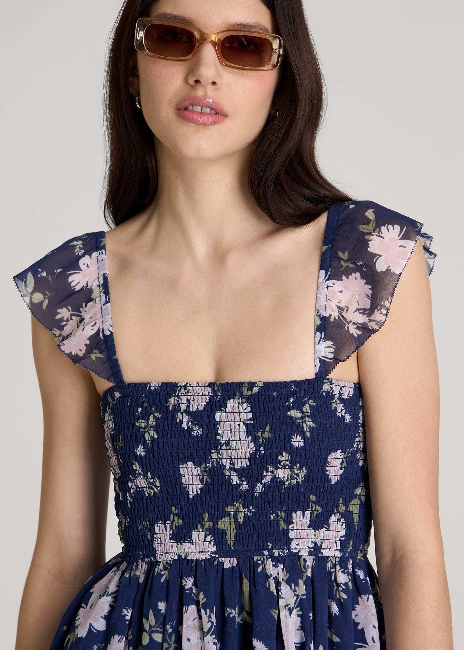 American Tall Women Chiffon Mini Gumdrop Dress for Tall Women in Dark Navy Floral