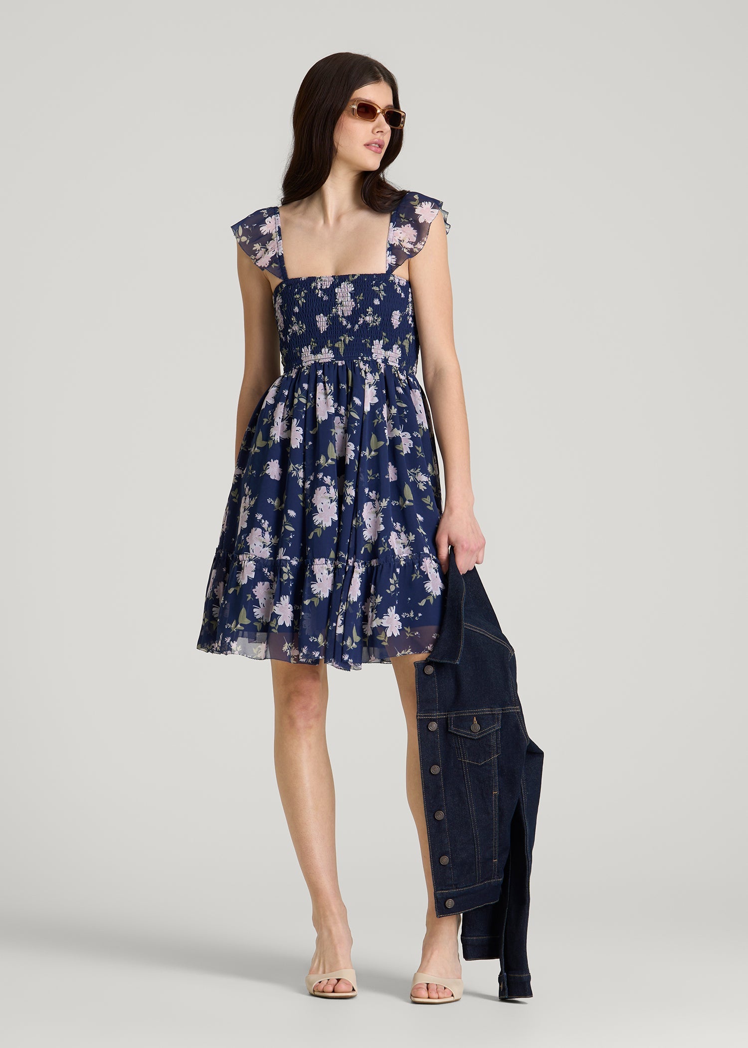 American Tall Women Chiffon Mini Gumdrop Dress for Tall Women in Dark Navy Floral