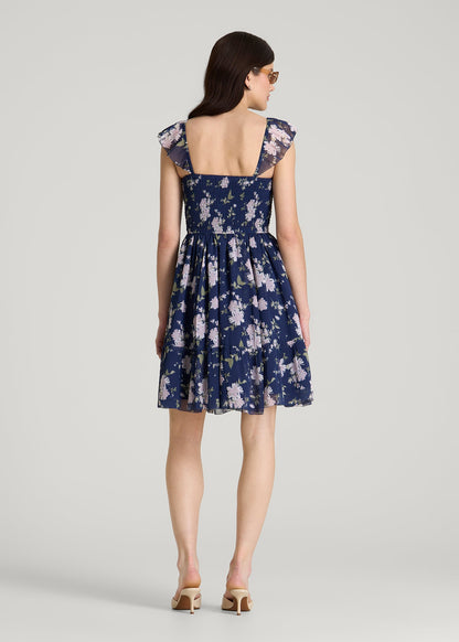American Tall Women Chiffon Mini Gumdrop Dress for Tall Women in Dark Navy Floral