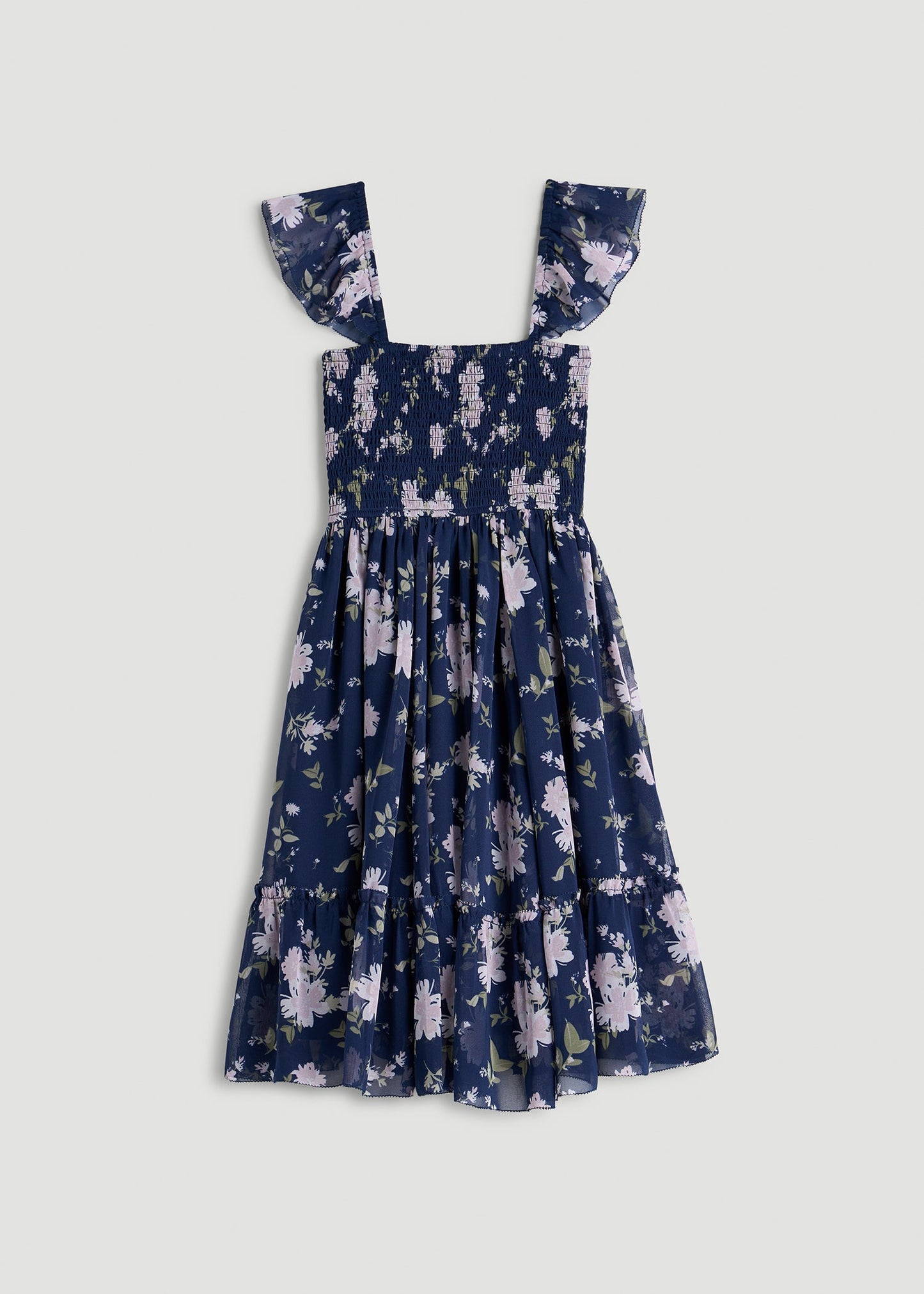 American Tall Women Chiffon Mini Gumdrop Dress for Tall Women in Dark Navy Floral