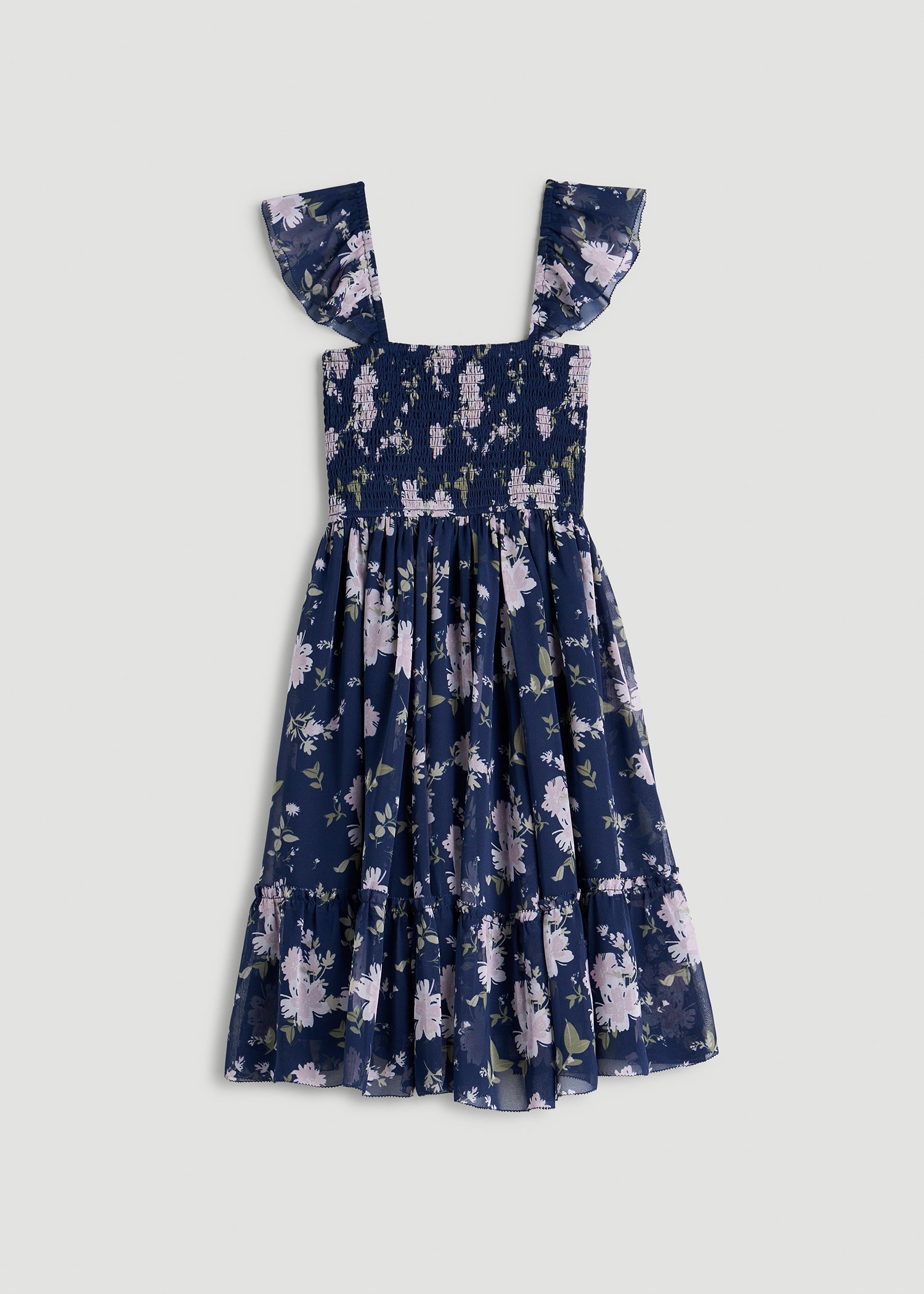 American Tall Women Chiffon Mini Gumdrop Dress for Tall Women in Dark Navy Floral