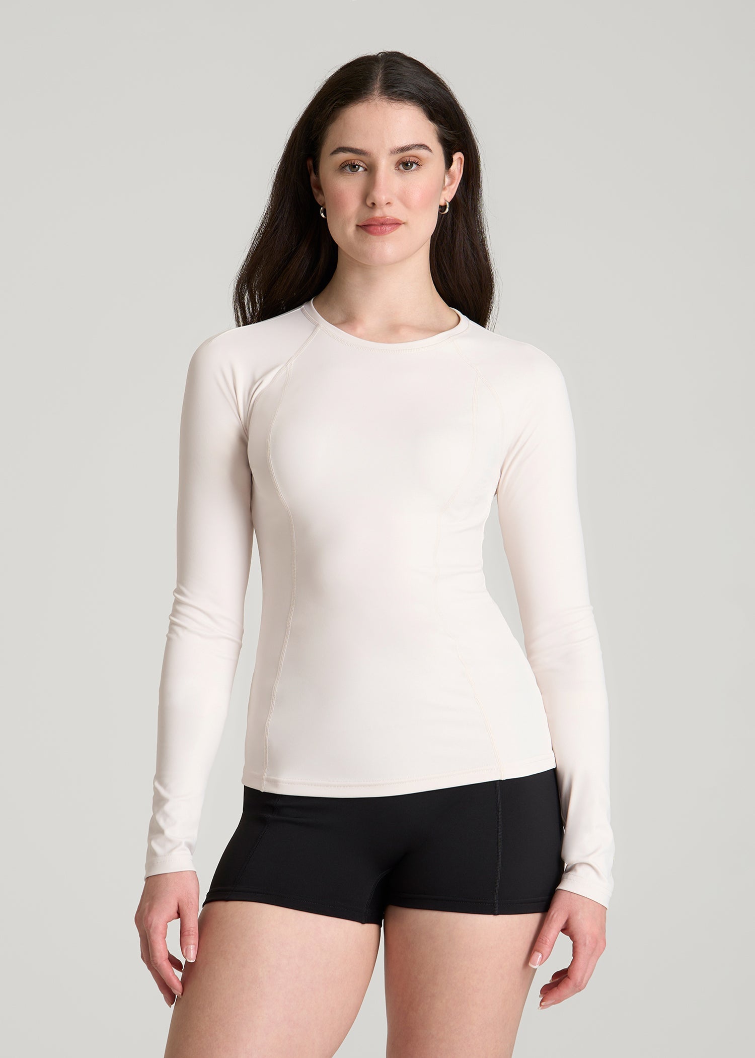 American Tall Women Long Sleeve Crewneck Rashguard for Tall Women in White Sand