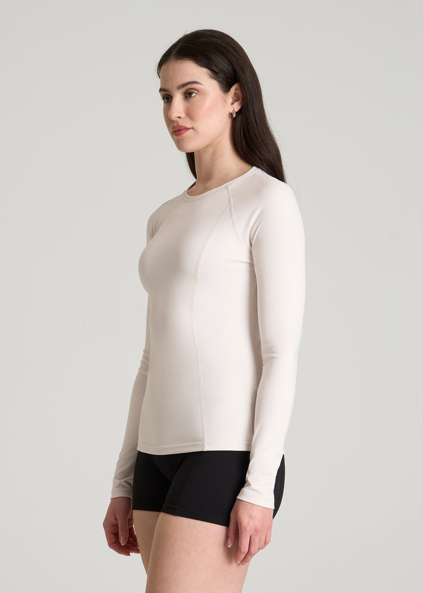 American Tall Women Long Sleeve Crewneck Rashguard for Tall Women in White Sand