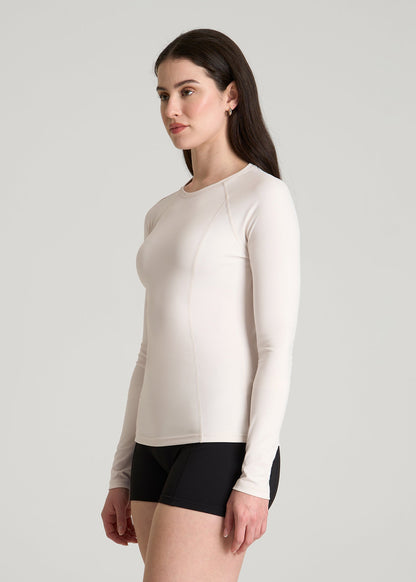 American Tall Women Long Sleeve Crewneck Rashguard for Tall Women in White Sand
