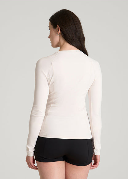 American Tall Women Long Sleeve Crewneck Rashguard for Tall Women in White Sand