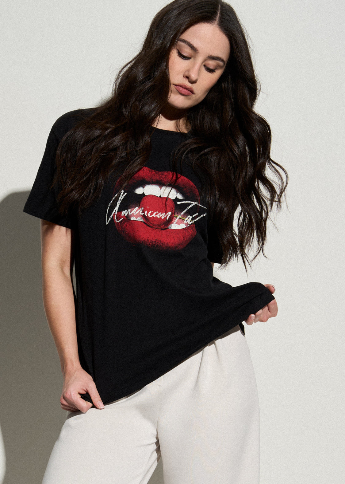 American Tall Women Black Cherry Lips Graphic Tee for Tall Women in Black