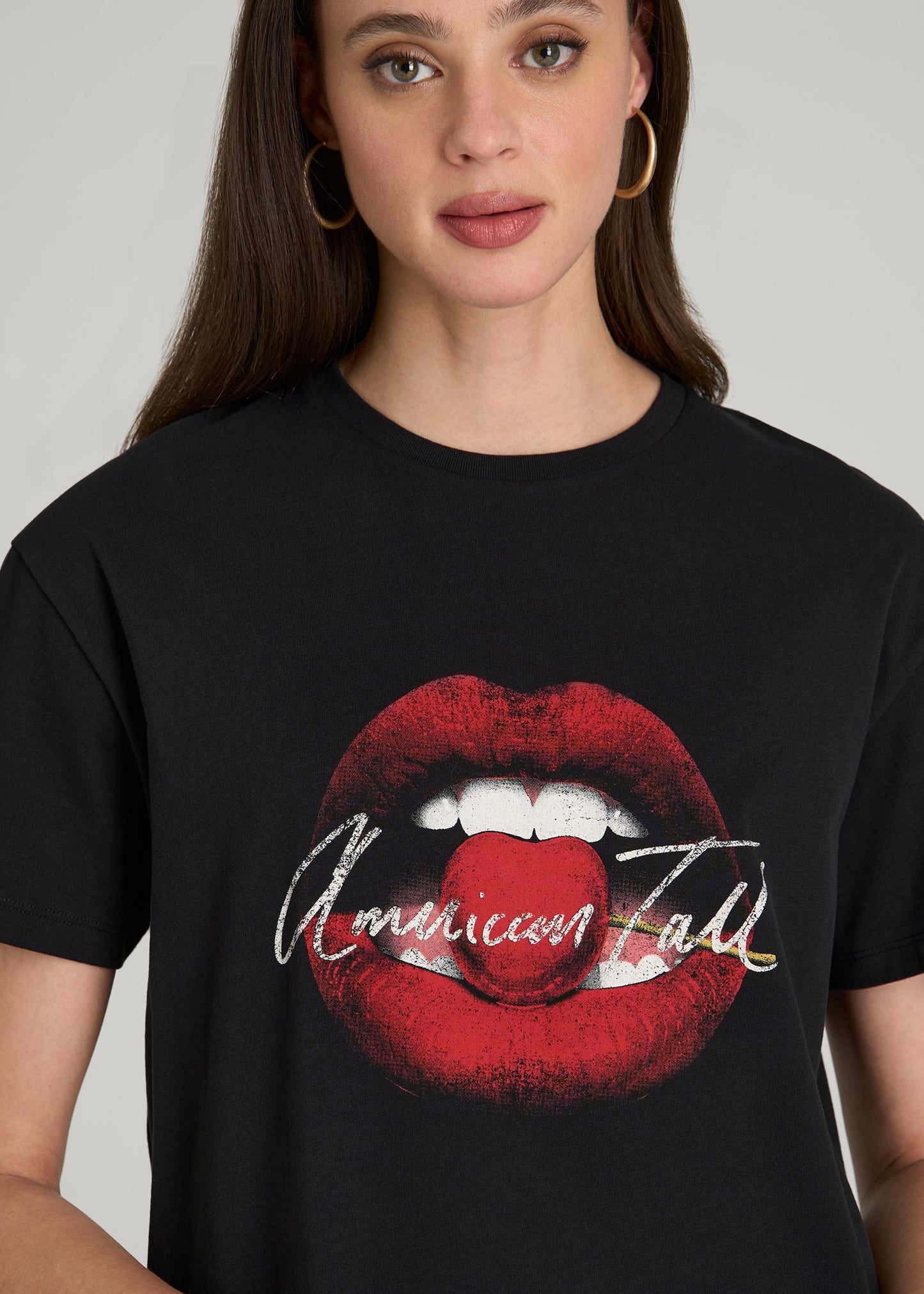 American Tall Women Black Cherry Lips Graphic Tee for Tall Women in Black