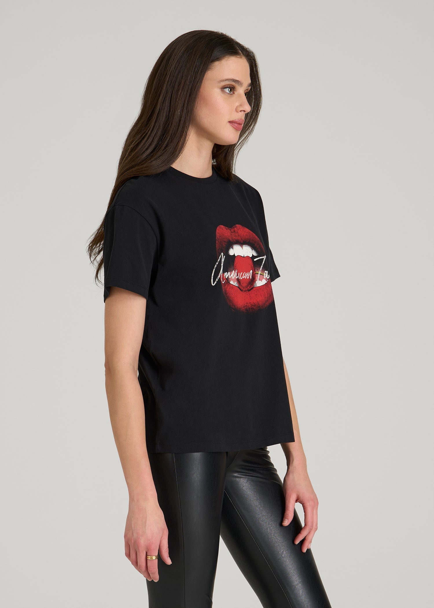 American Tall Women Black Cherry Lips Graphic Tee for Tall Women in Black