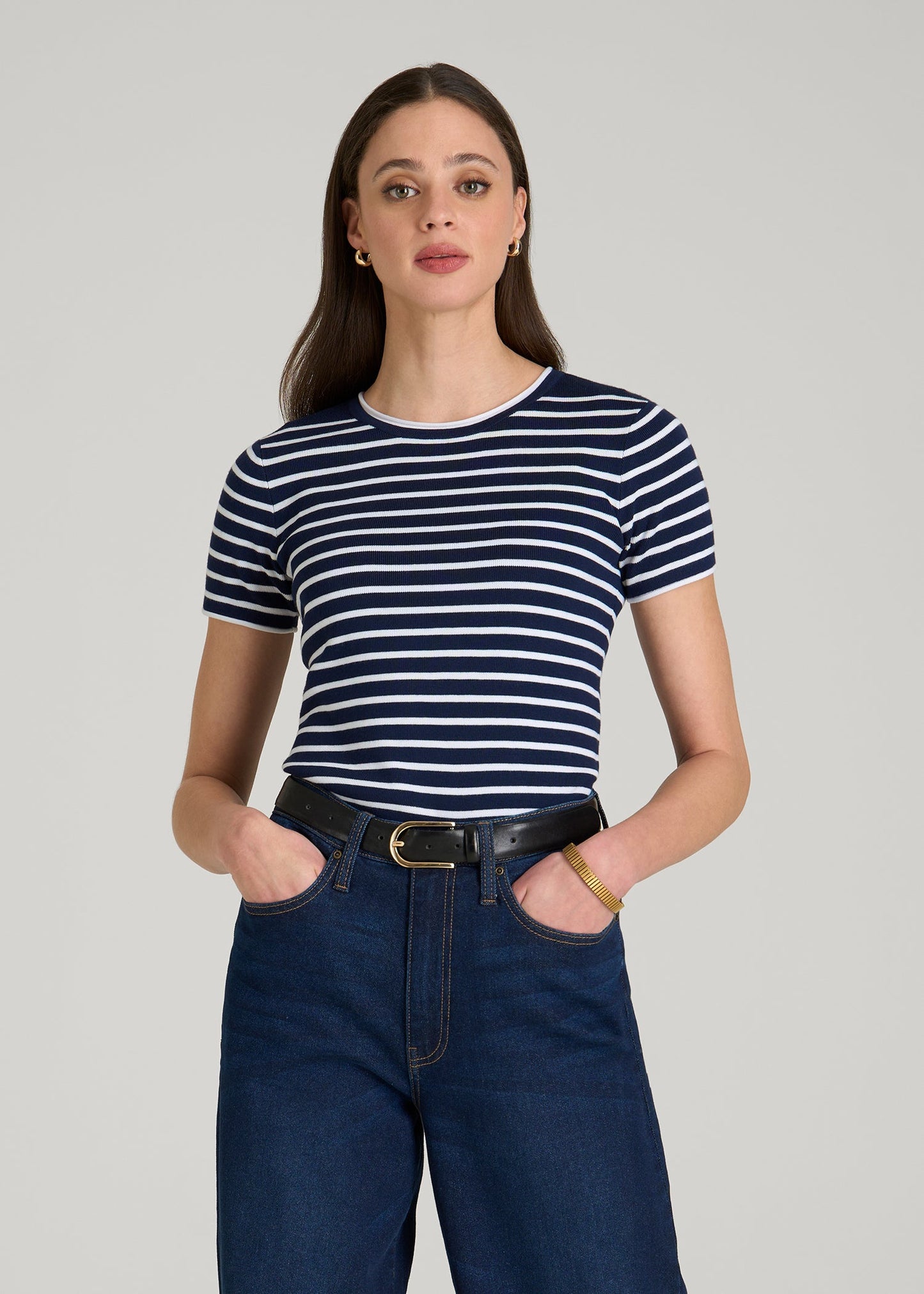 American Tall Women Cropped Knit Tee for Tall Women in Bold Navy Stripe