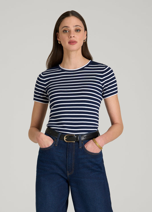 American Tall Women Cropped Knit Tee for Tall Women in Bold Navy Stripe