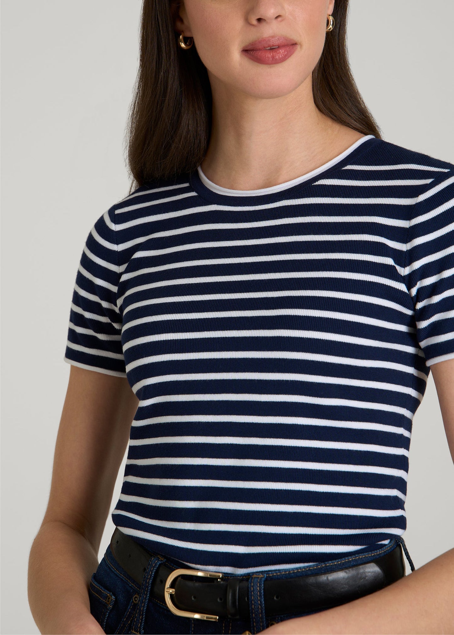 American Tall Women Cropped Knit Tee for Tall Women in Bold Navy Stripe