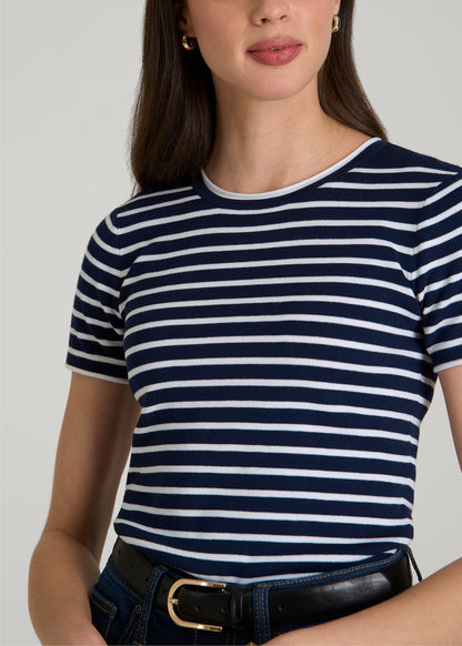 American Tall Women Cropped Knit Tee for Tall Women in Bold Navy Stripe