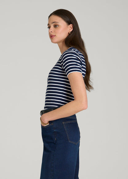 American Tall Women Cropped Knit Tee for Tall Women in Bold Navy Stripe