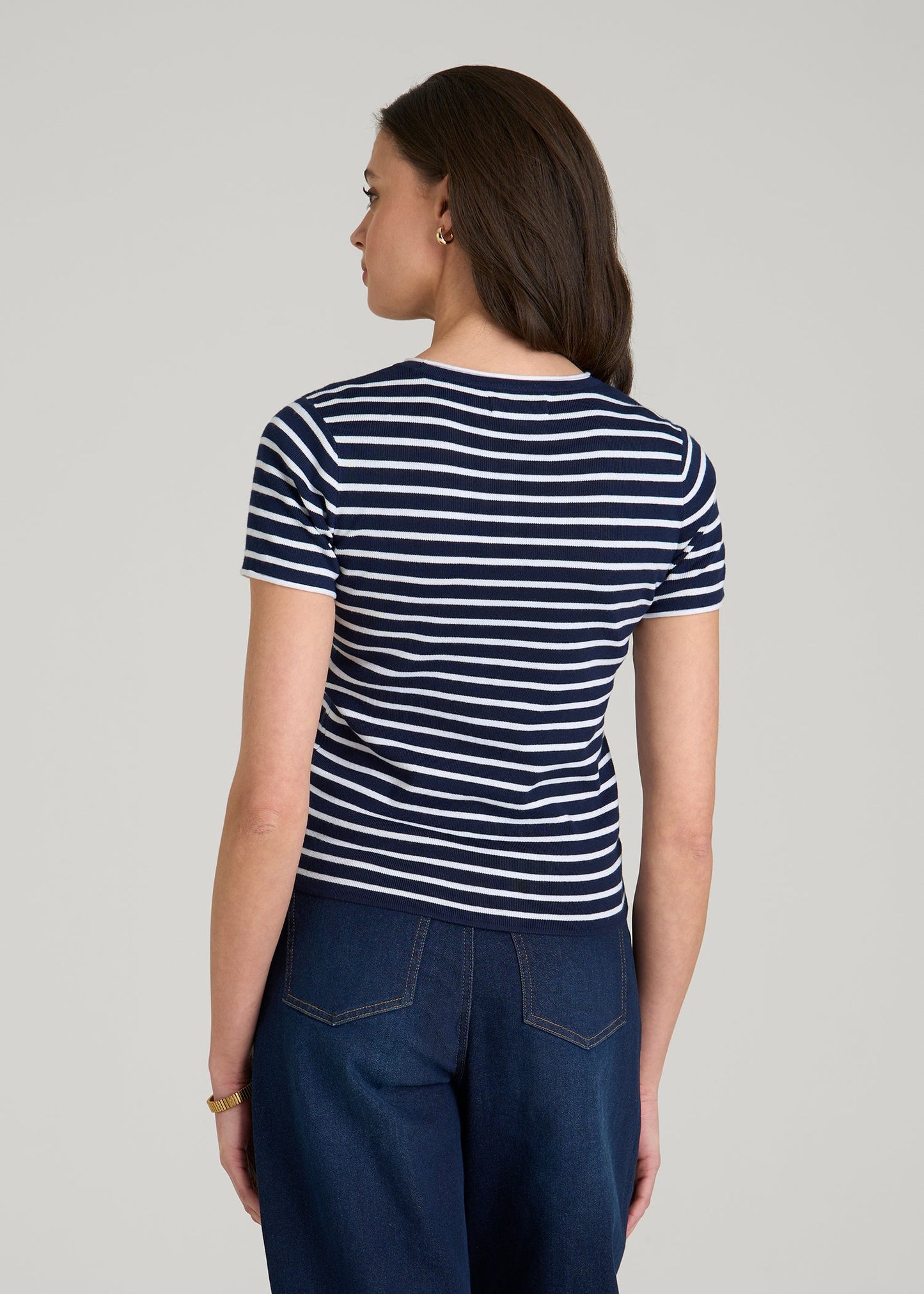 American Tall Women Cropped Knit Tee for Tall Women in Bold Navy Stripe