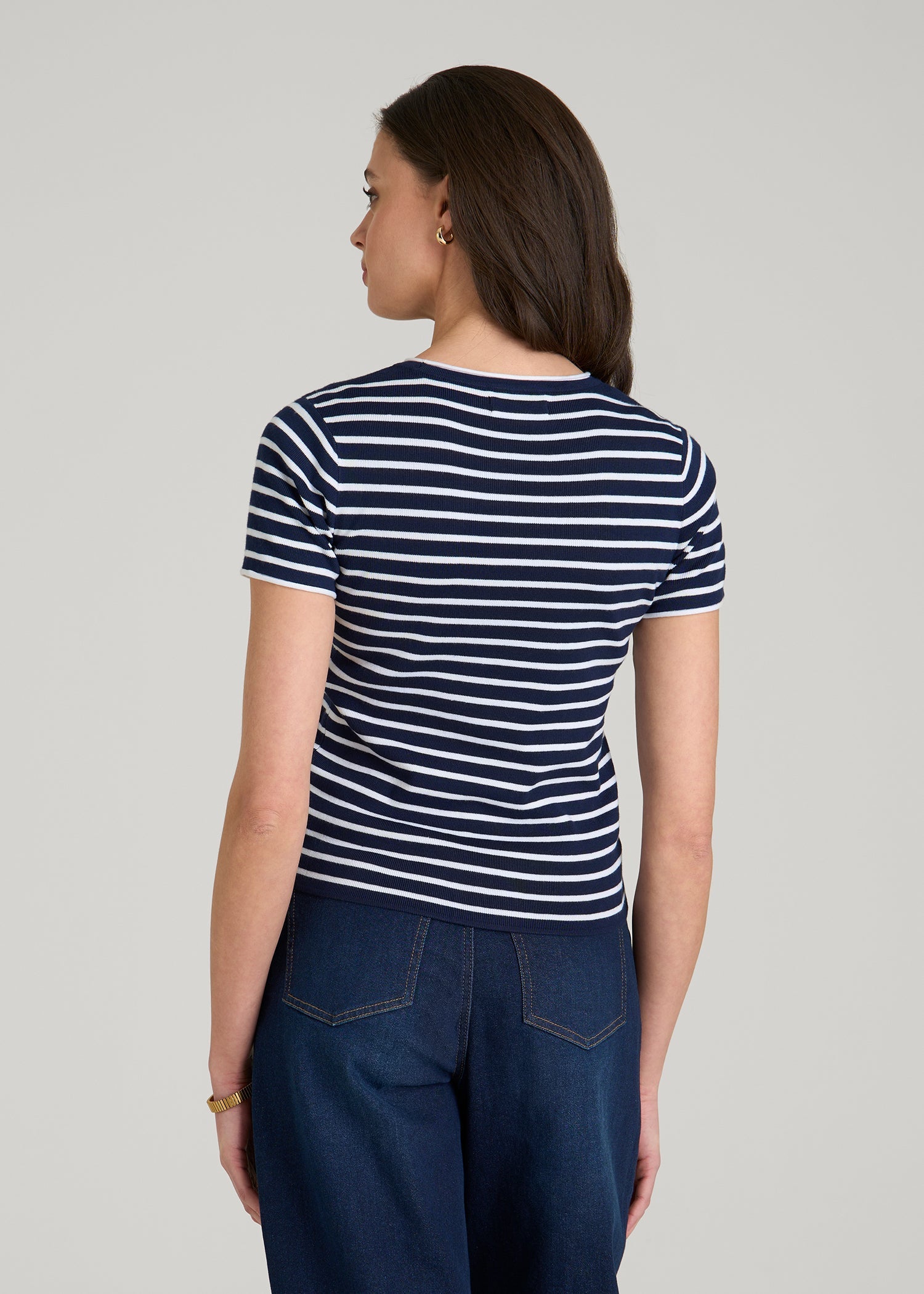 American Tall Women Cropped Knit Tee for Tall Women in Bold Navy Stripe