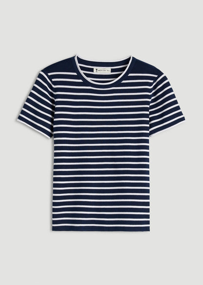 American Tall Women Cropped Knit Tee for Tall Women in Bold Navy Stripe