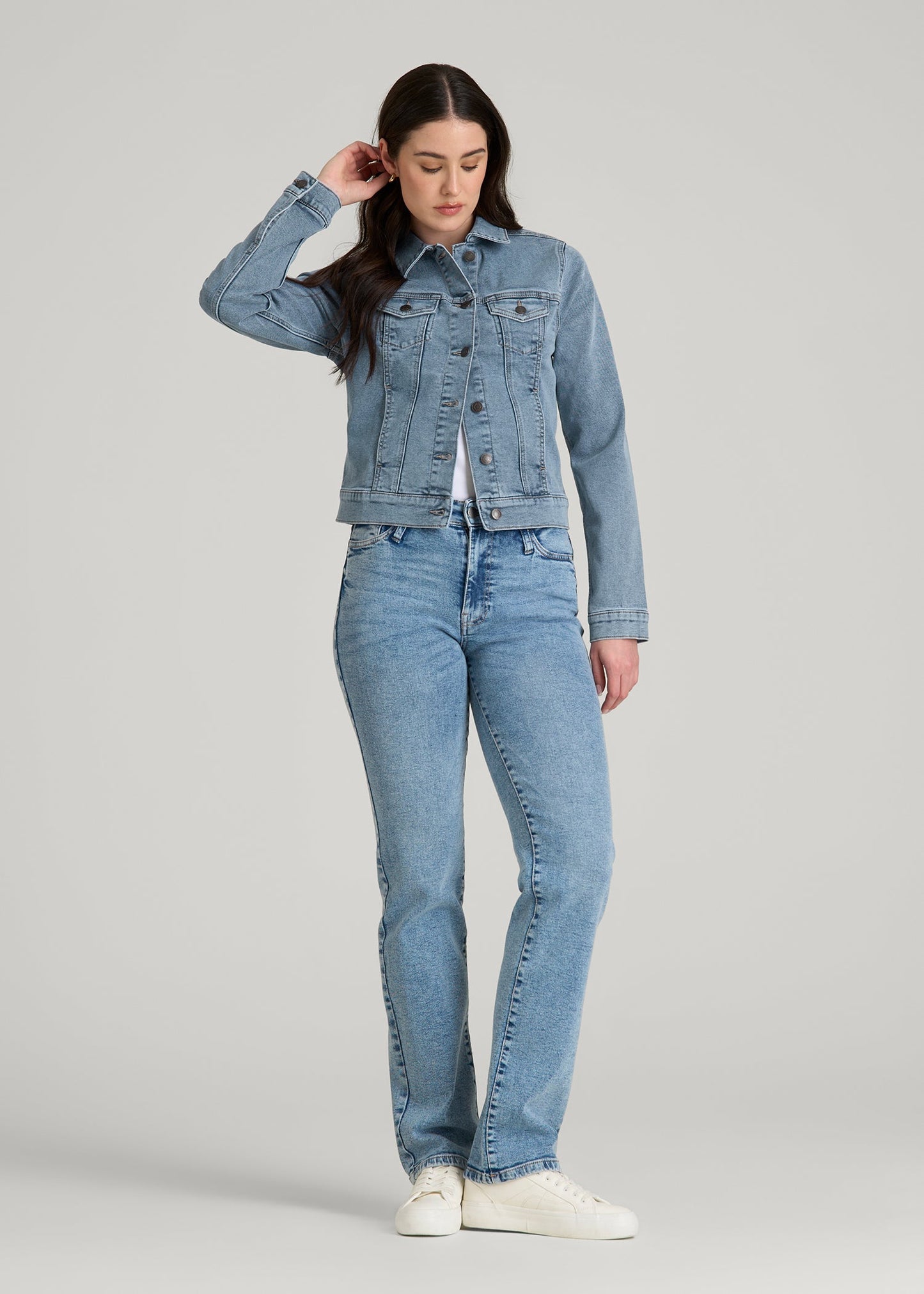 American Tall Women Classic Denim Jacket for Tall Women in Perfect Blue