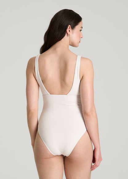 American Tall Women Classic V-Neck One Piece Swimsuit for Tall Women in White Sand