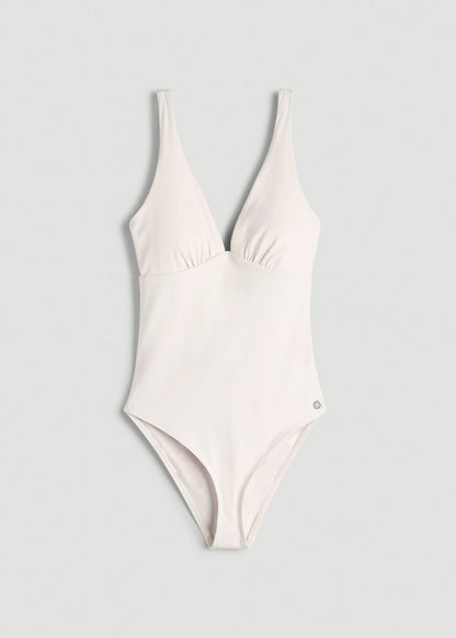 American Tall Women Classic V-Neck One Piece Swimsuit for Tall Women in White Sand