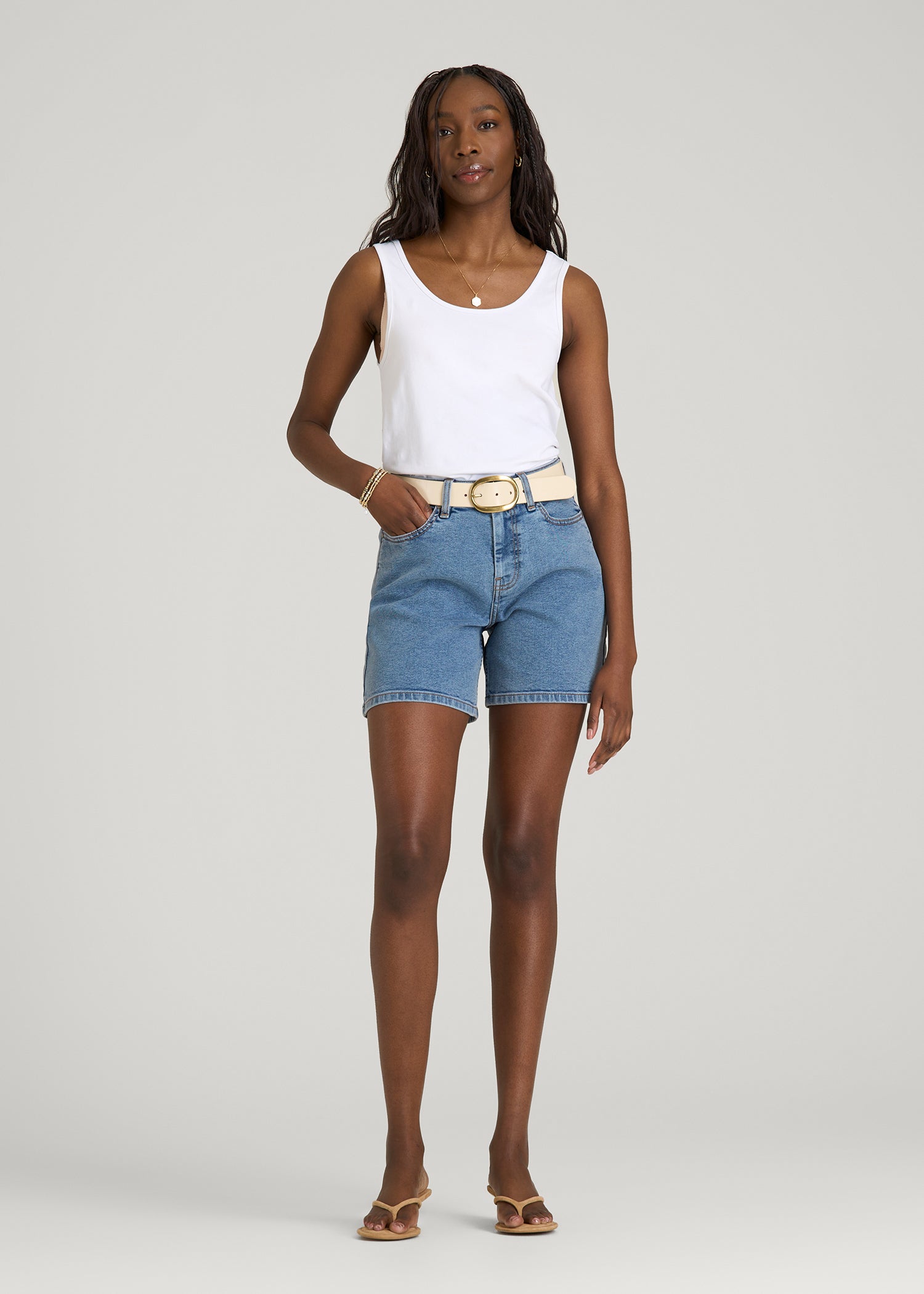 American Tall Women Stretch Denim Shorts for Tall Women in Perfect Blue