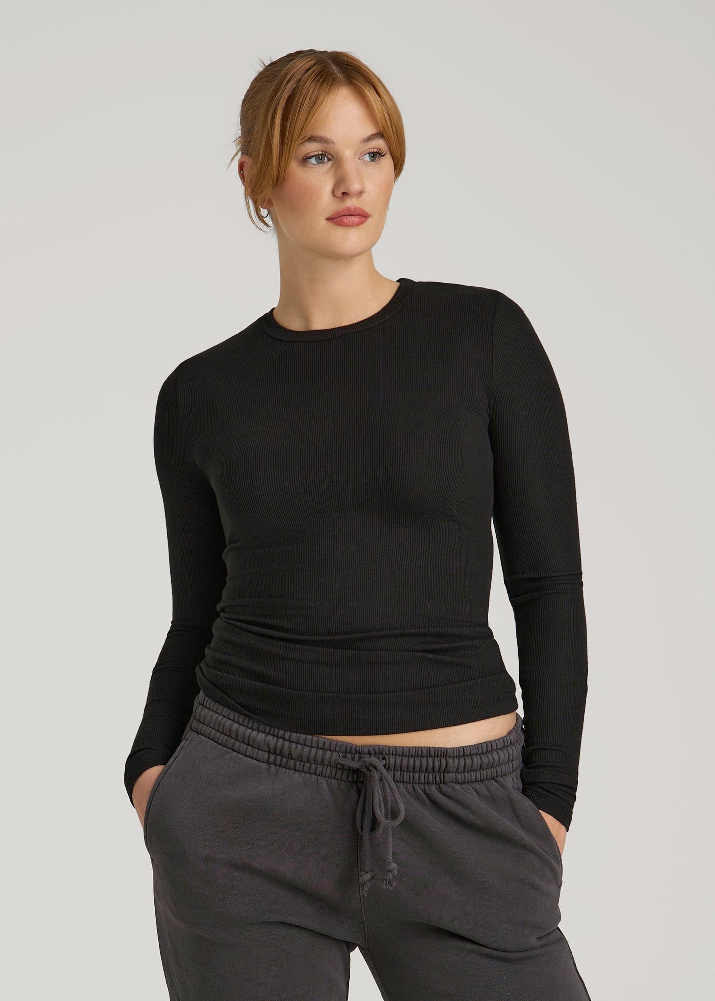 American Tall Women FITTED Ribbed Long Sleeve Tee for Tall Women in Black