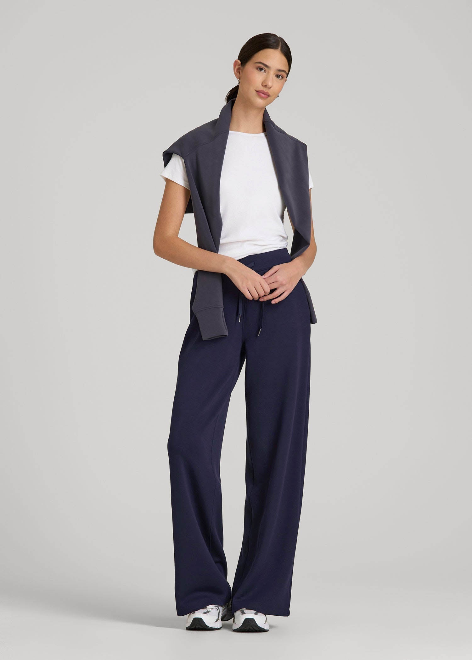American Tall Women Pull-On Tie Waist Wide Leg Pants for Tall Women in Navy