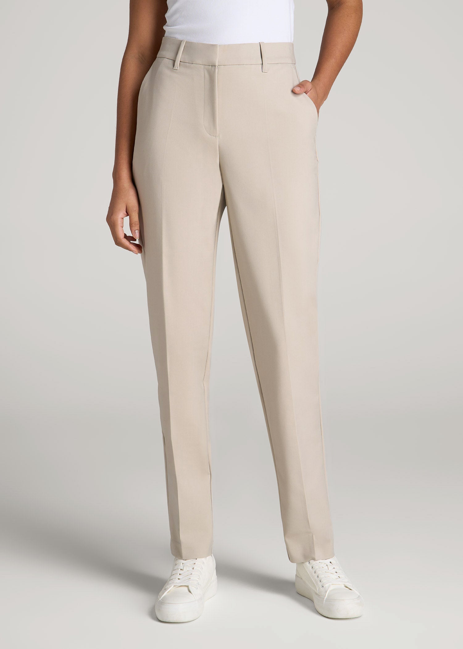 American Tall Women Flat Front Tapered Dress Pants for Tall Women in Stone