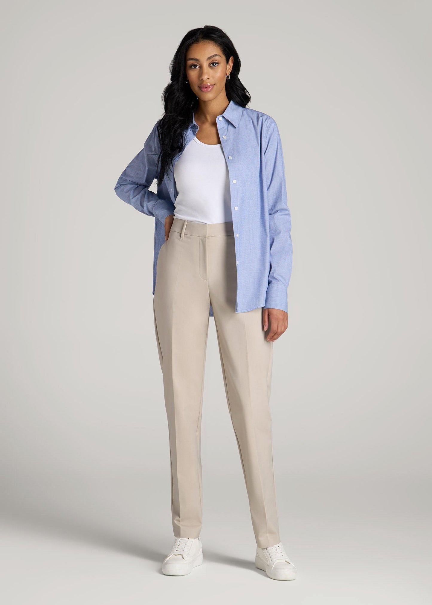 American Tall Women Flat Front Tapered Dress Pants for Tall Women in Stone
