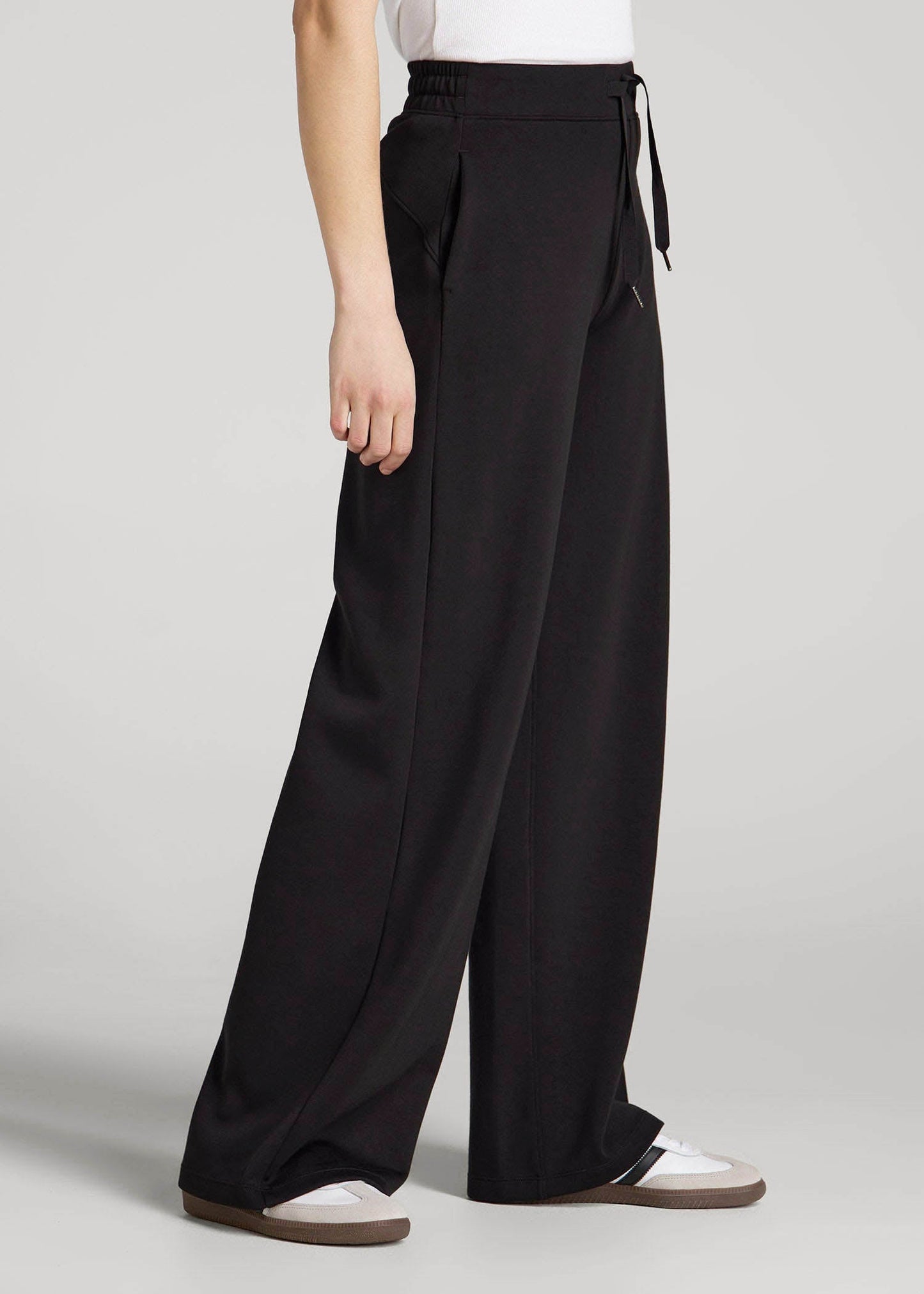 American Tall Women Pull-On Tie Waist Wide Leg Pants for Tall Women in Black