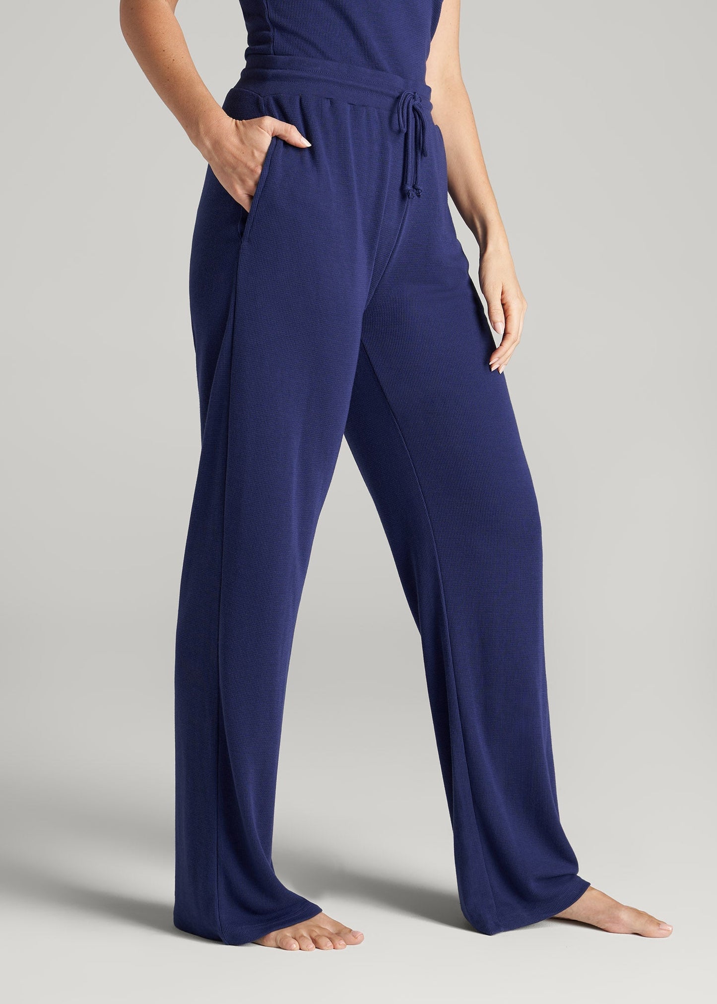 American Tall Women Open-Bottom Waffle Lounge Pants for Tall Women in Midnight Blue