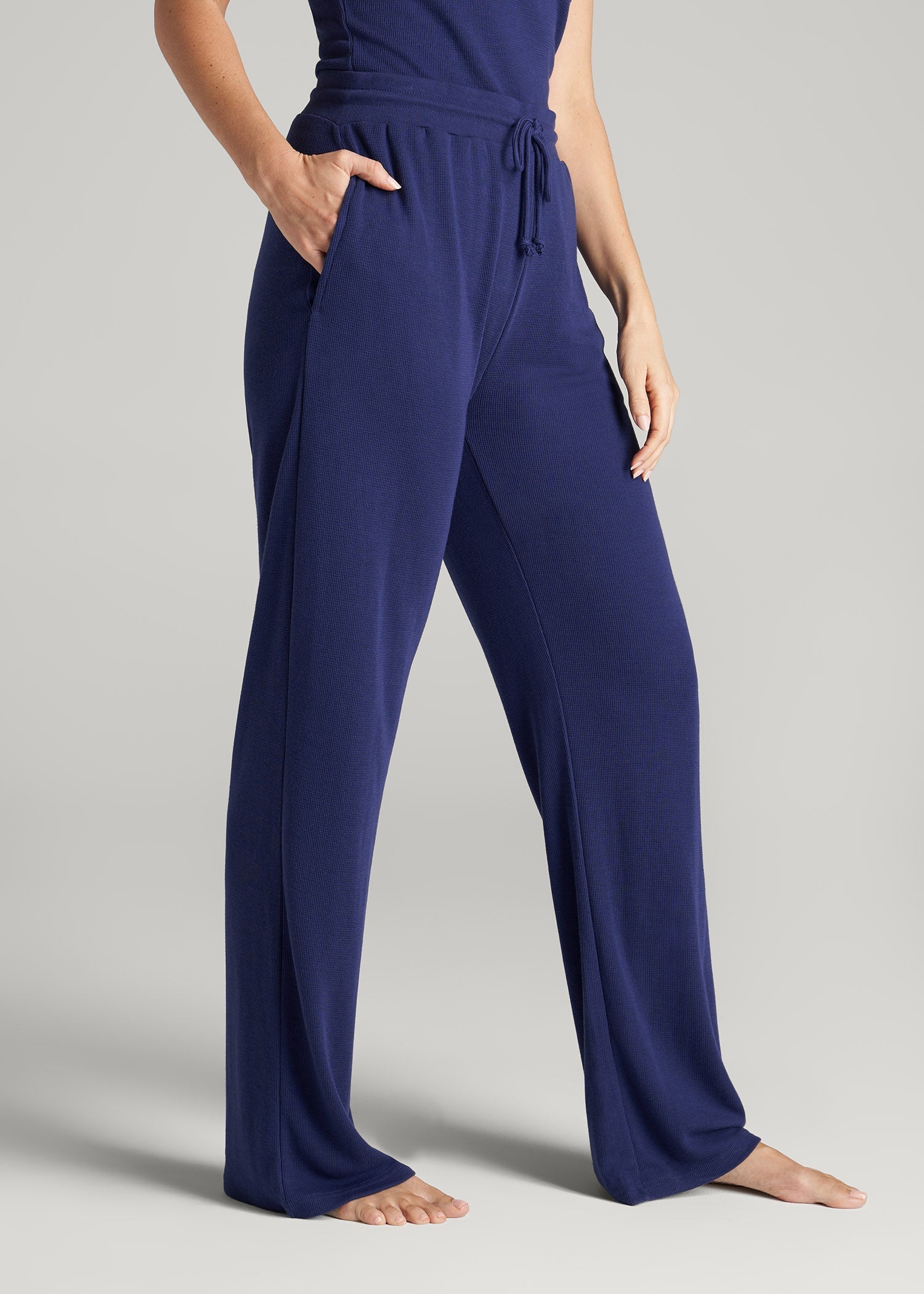 American Tall Women Open-Bottom Waffle Lounge Pants for Tall Women in Midnight Blue