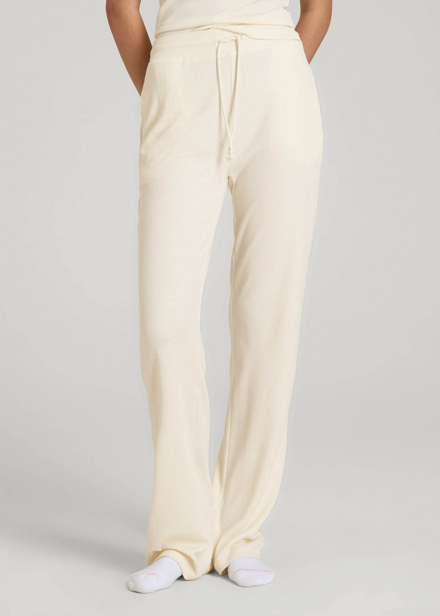 American Tall Women Open-Bottom Waffle Lounge Pants for Tall Women in White Alyssum