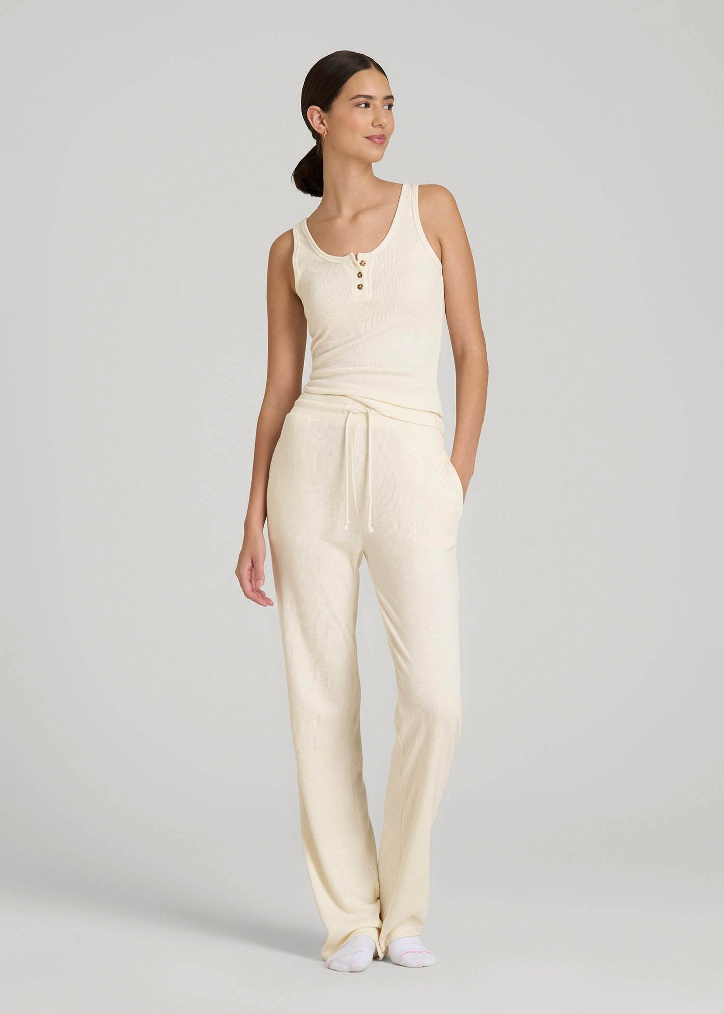 American Tall Women Open-Bottom Waffle Lounge Pants for Tall Women in White Alyssum