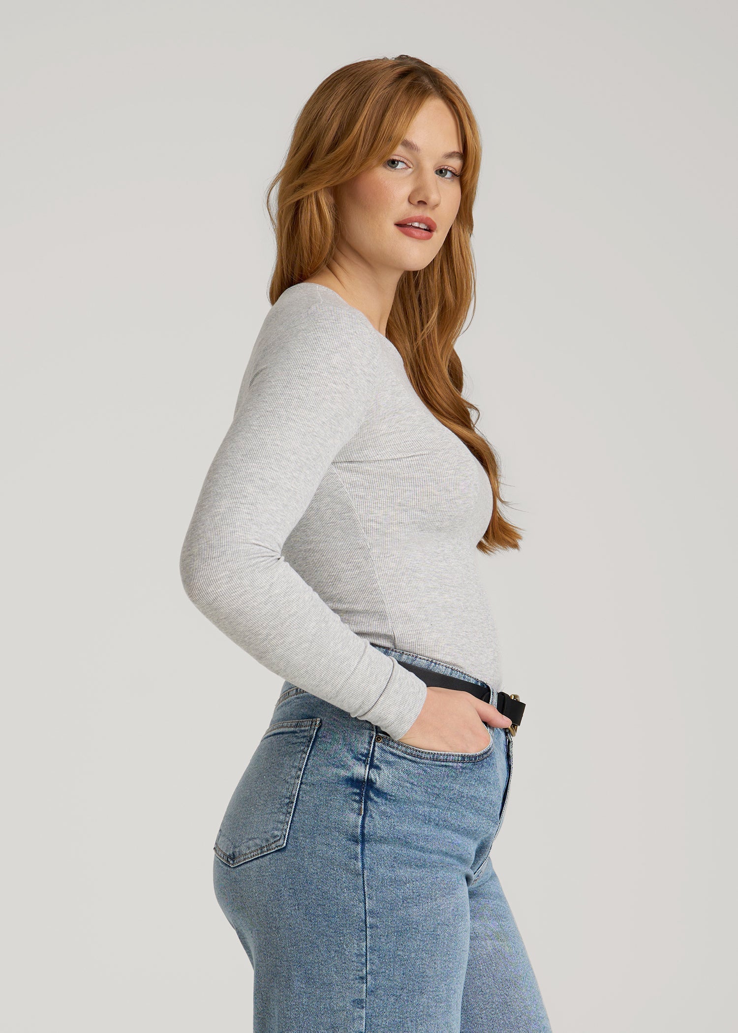 American Tall Women FITTED Ribbed Long Sleeve Tee for Tall Women in Grey Mix