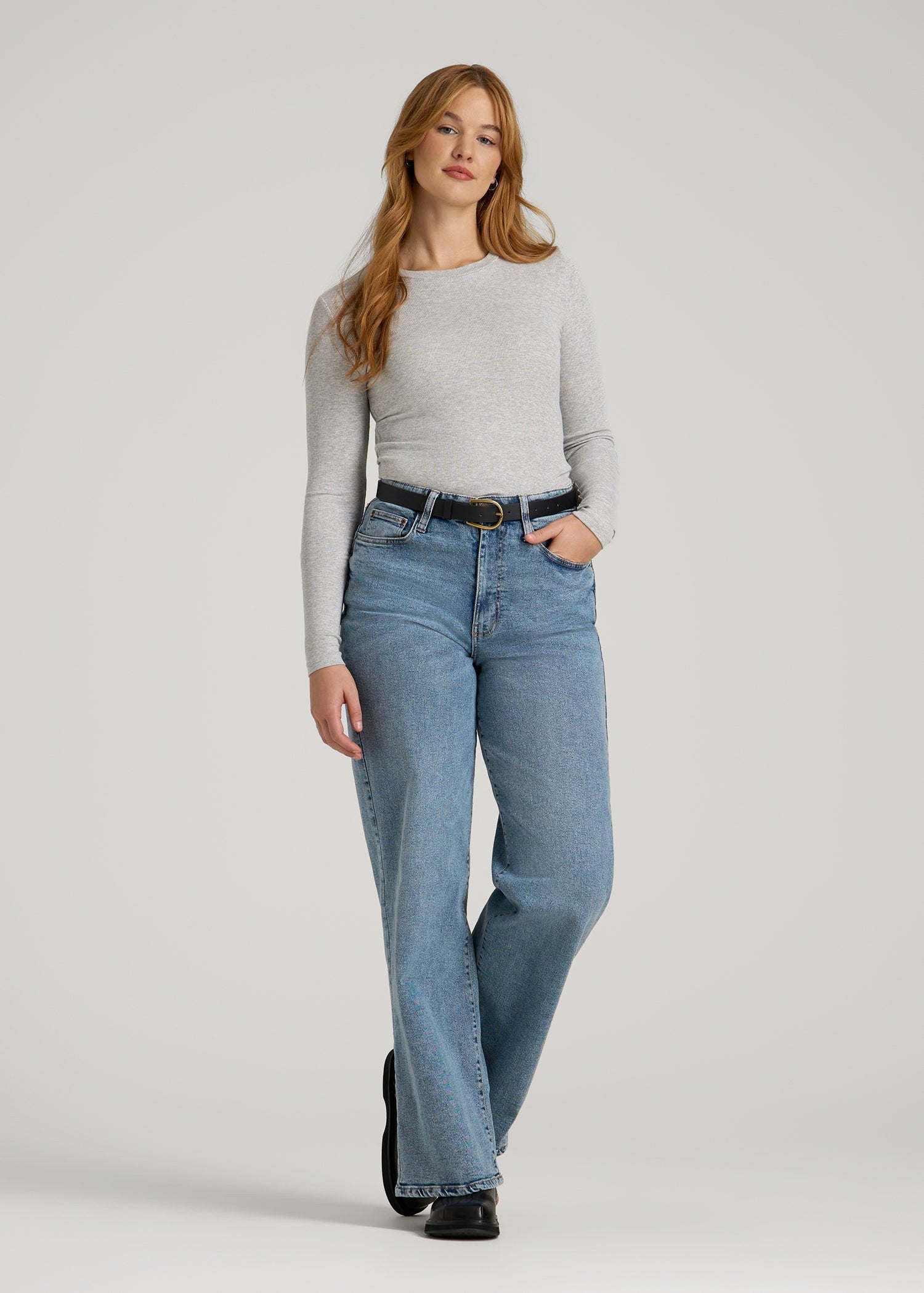American Tall Women FITTED Ribbed Long Sleeve Tee for Tall Women in Grey Mix