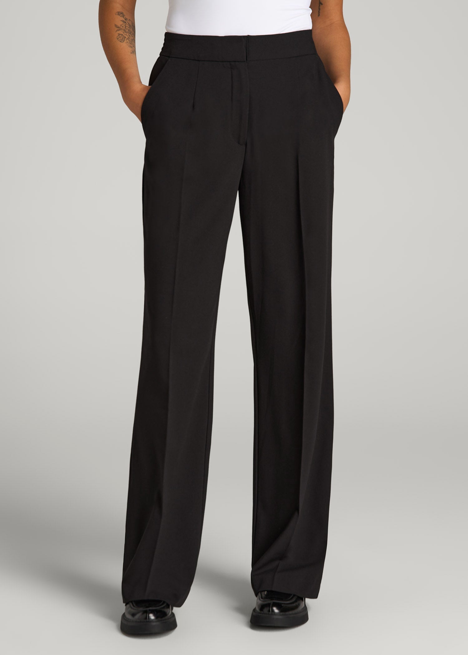 American Tall Women Flat Front Wide Leg Dress Pants for Tall Women in Black