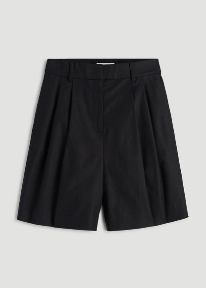 American Tall Women Stretch Cotton Linen Blend Pleated Shorts for Tall Women in Black