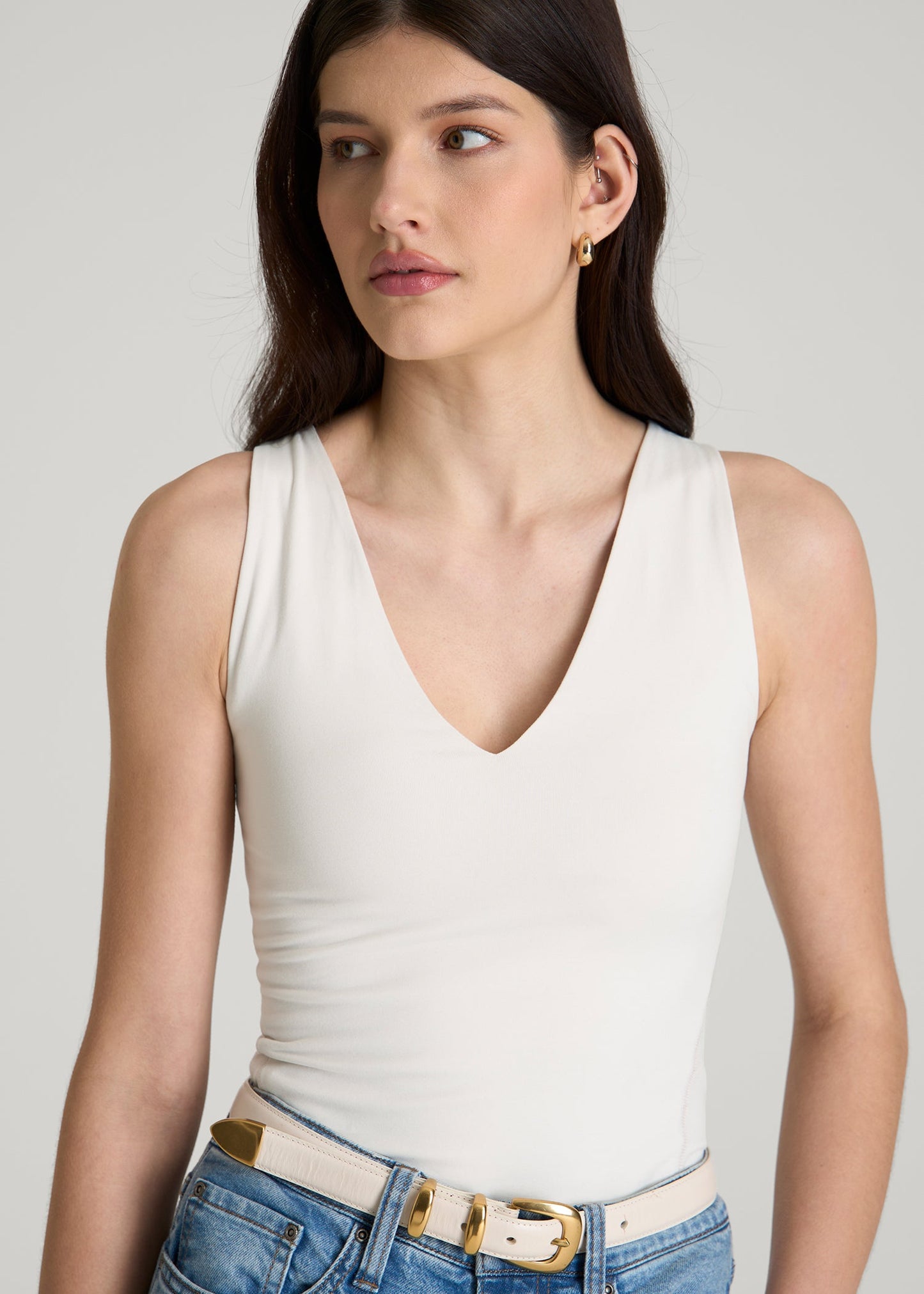 American Tall Women Cotton Blend Sleeveless V-Neck Bodysuit for Tall Women in White Sand