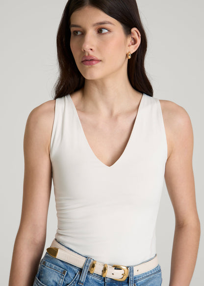 American Tall Women Cotton Blend Sleeveless V-Neck Bodysuit for Tall Women in White Sand