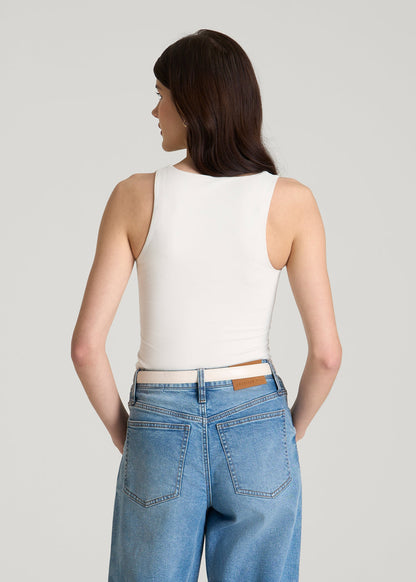 American Tall Women Cotton Blend Sleeveless V-Neck Bodysuit for Tall Women in White Sand