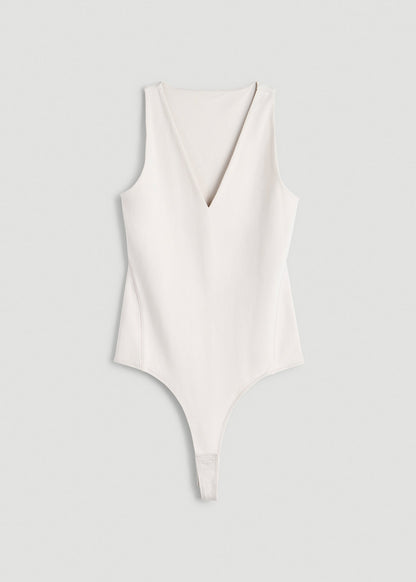 American Tall Women Cotton Blend Sleeveless V-Neck Bodysuit for Tall Women in White Sand