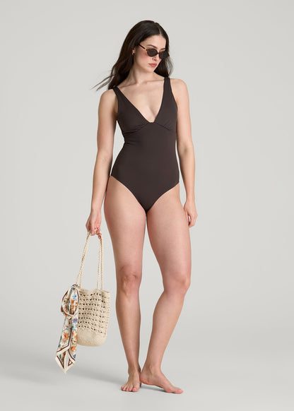 American Tall Women Classic V-Neck One Piece Swimsuit for Tall Women in Espresso