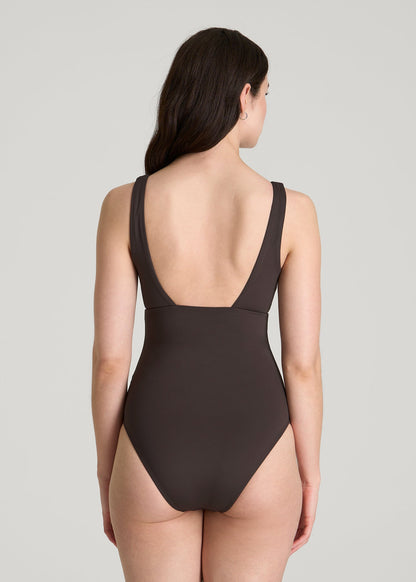 American Tall Women Classic V-Neck One Piece Swimsuit for Tall Women in Espresso