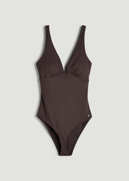 American Tall Women Classic V-Neck One Piece Swimsuit for Tall Women in Espresso