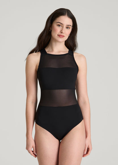 American Tall Women High Neck Mesh One Piece Swimsuit for Tall Women in Deep Black