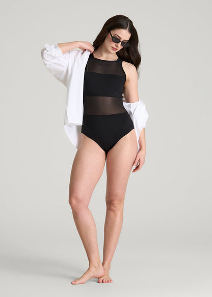 American Tall Women High Neck Mesh One Piece Swimsuit for Tall Women in Deep Black
