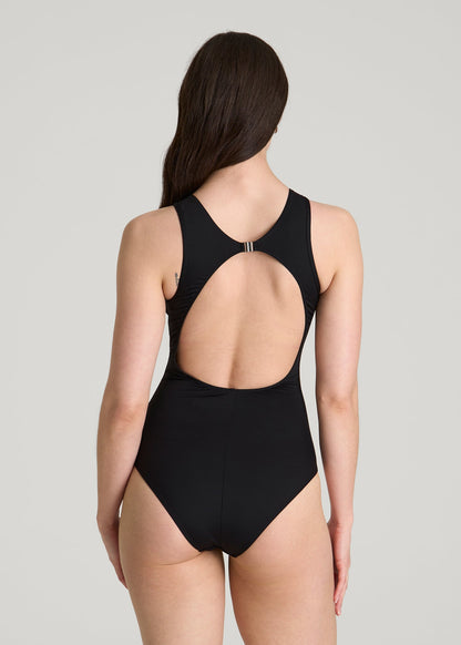 American Tall Women High Neck Mesh One Piece Swimsuit for Tall Women in Deep Black
