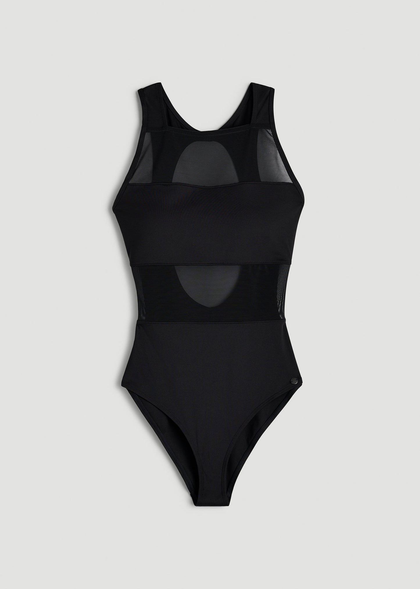 American Tall Women High Neck Mesh One Piece Swimsuit for Tall Women in Deep Black